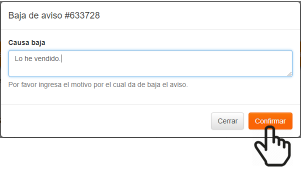 Completar causa de la baja y clic en confirmar