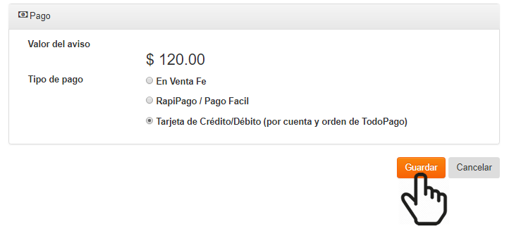 Clic en opción Tarjeta de Crédito/Débito y clic en guardar