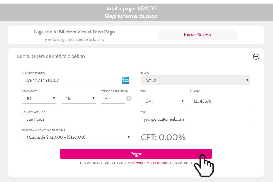 Datos de la tarjeta y clic en pagar