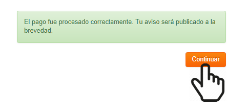 Pago procesado correctamente y clic en continuar