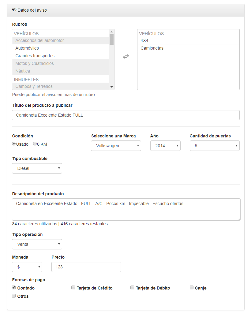 Carga de datos para el aviso